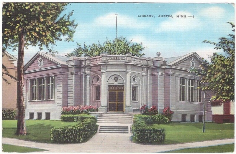Library, Austin, Minnesota, Vintage EC Kropp Pre-Linen Postcard