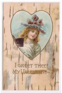 Beautiful Girl Hat Bow Valentine Day Greeting 1905c postcard