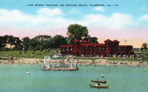 Vintage Postcard Lake Storey Pavillion and Bathing Beach Galesburg Illinois ILL