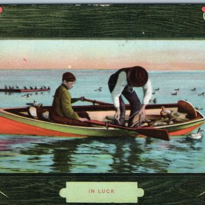 c1900s In Luck Young Men Fishing Ducsk Decoy Hunting Row Boat Bird Border A200