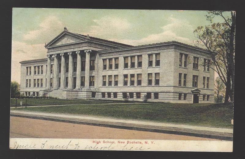 High School, New Rochelle, NY. Litho-Chrome, German-made postcard