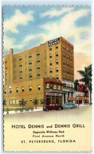 ST PETERSBURG,  FL Florida ~ HOTEL DENNIS & Dennis Grill  c1930s Cars Postcard