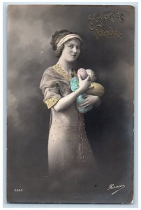 1914 Easter Egg Pretty Woman Studio Portrait RPPC Photo Antique Postcard 