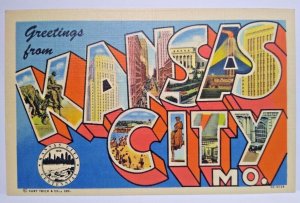 Greetings From Kansas City Missouri Large Big Letter Postcard Linen Curt Teich