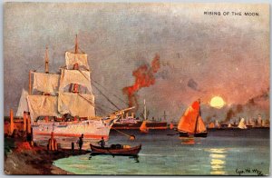 Rising of The Moon Boats and Ships Twilight Ocean View Postcard