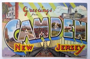 Greetings From Camden New Jersey Large Letter Postcard Linen Curt Teich Bridge