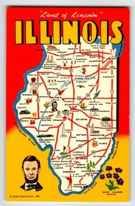 Greetings From Illinois Postcard Map Chrome State Abe Lincoln Violet Unused