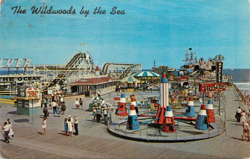 Vintage Postcard Wildwood By The Sea Hunt's Pier NJ Rockets Wooden Coaster Flyer