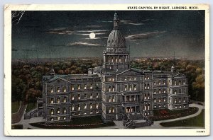 1927 State Capitol By Night Lansing Michigan Building Landmark Posted Postcard