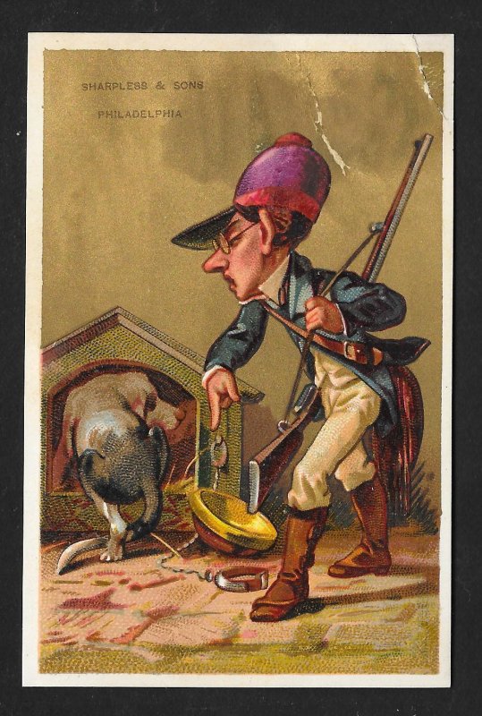 VICTORIAN TRADE CARD Sharpless Dry Goods Man Rifle Dog in Dog House