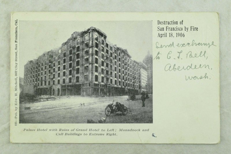 C.1906 San Francisco Earthquake Palace Hotel Vintage Postcard P97 