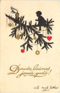 Vintage Latvian New Year Postcard; Silhouette Child Christmas Tree Ornaments