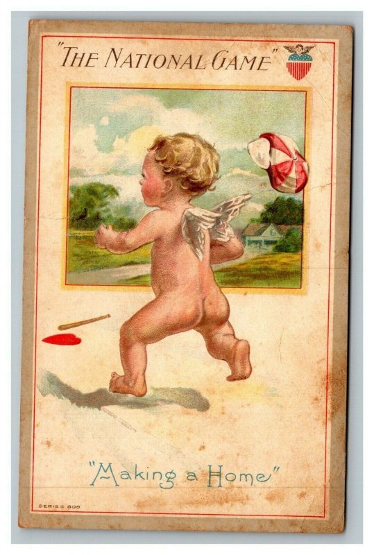 Vintage 1910's Valentines Postcard - Angel Playing Baseball Running Home CUTE