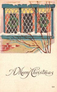 Vintage Postcard 1922 Merry Christmas Window Winter Holiday Seasons Greetings