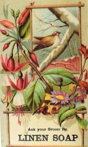 1880's F. Higginson Grocer Linen Soap Winter Scene Bird Snow Tree Flowers P64