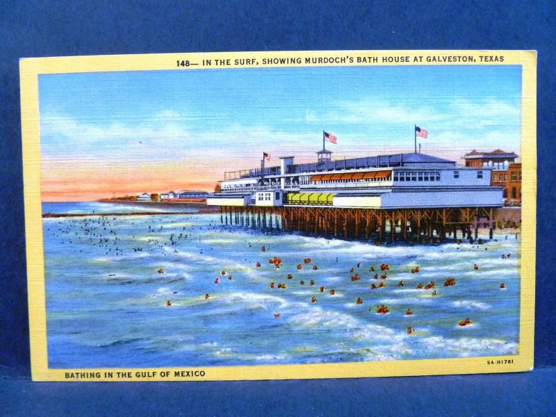 Postcard TX Galveston In the Surf Gulf View Showing Murdoch's Bath House