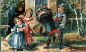 Thanksgiving Children with Dead Turkey Hunting c1910 Vintage Postcard