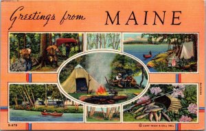 Camping and Fishing Scenes, Greetings from MAINE Vintage Postcard Q79