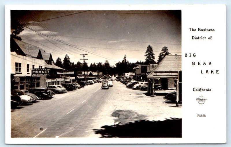 RPPC BIG BEAR LAKE, CA ~ Valley Market STREET SCENE Gas c1940s Frasher Postcard