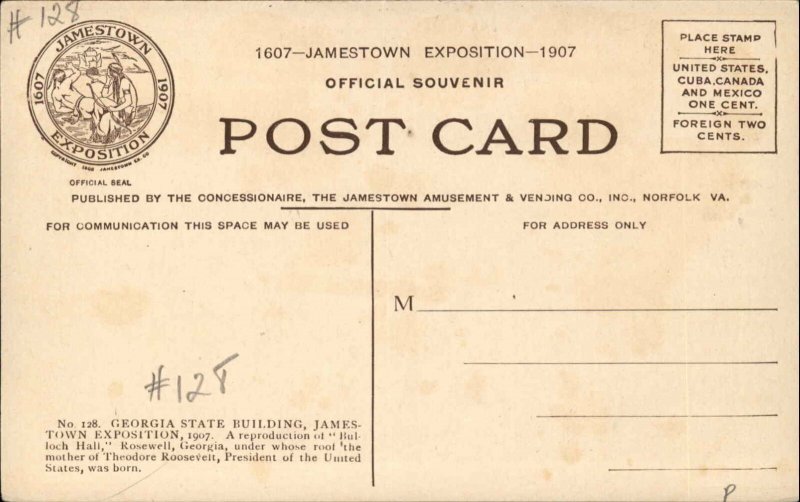 Jamestown Exposition 1907 Georgia State Bldg Postcard