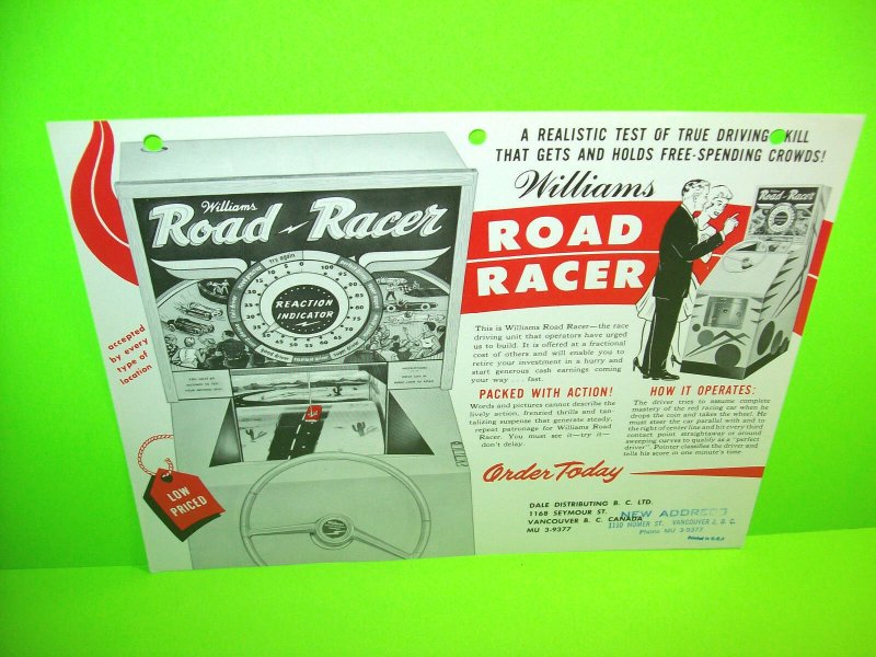 Williams ROAD RACER 1961 Original Vintage Arcade Game Promo Sales Flyer RARE