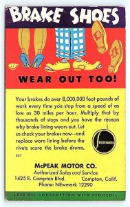 COMPTON, CA California ~ 1948 ~McPEAK MOTOR CO. Car Brake Service Ad  Postcard