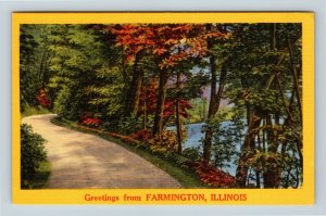 Farmington IL, Greetings, Tree Lined Road Lake View, Linen Illinois Postcard 