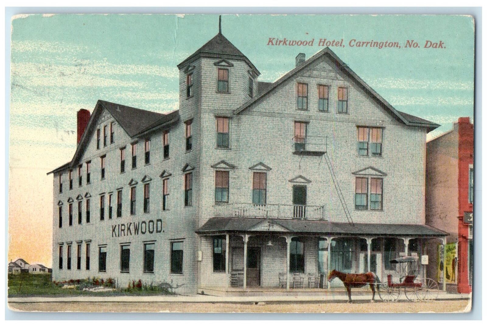 1920 Kirkwood Hotel Exterior Carrington North Dakota ND Posted Horse