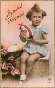 Joyeuses Paques Easter tinted postcard charming girl eggs flowers jeune fille