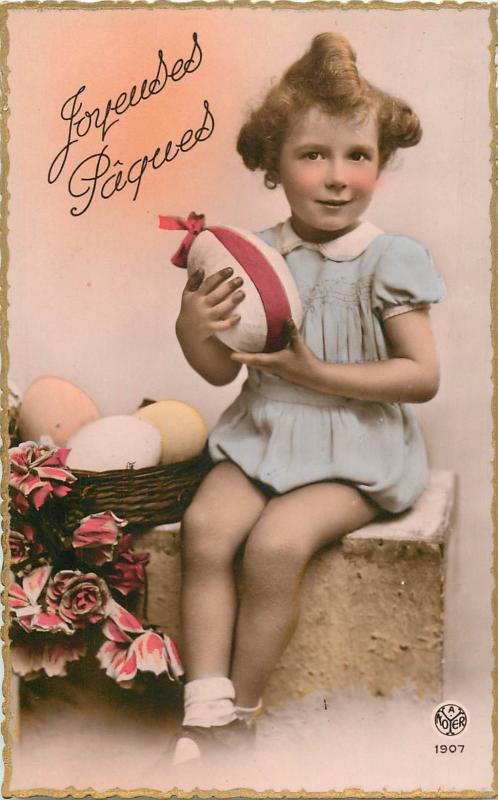 Joyeuses Paques Easter tinted postcard charming girl eggs flowers jeune fille