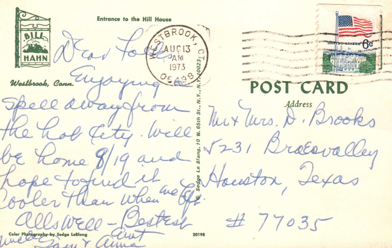 Vintage Postcard 1973 View of Entrance to the Hill House Westbrook