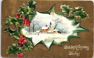 c1915 CHRISTMAS WISHES HOLLY SNOW SCENE OOSTBURG WIS EMBOSSED POSTCARD 41-157