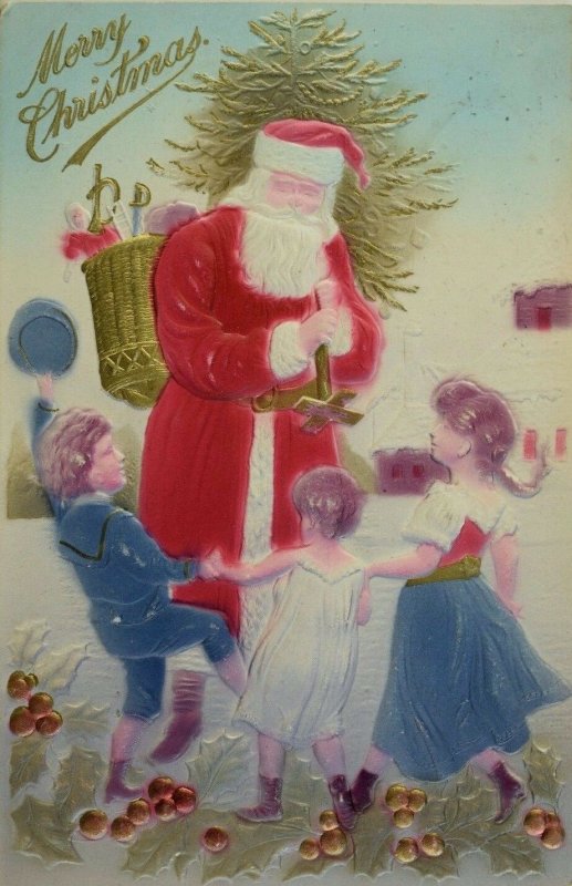 Circa 1910 Christmas Santa w/ Gifts Air Brushed Embossed Vintage Postcard P59