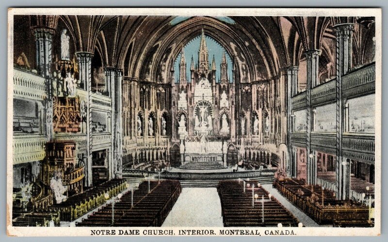 Postcard Montreal Quebec c1920s Notre Dame Church Interior View Of Nave A