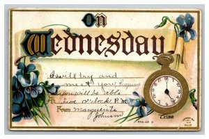 Vintage 1910's Wednesday Appointment Postcard Hand Drawn Hands for Time