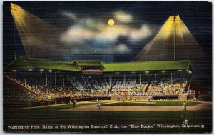 VINTAGE POSTCARD UNDER FLOODLIGHTS AT AT THE BLUE ROCKS BALL PARK WILMINGTON