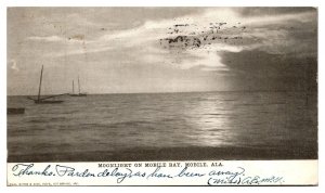 1907 Moonlight on Mobile Bay, Sailboats in the bay, AL Postcard