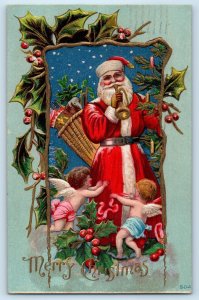 1910 Christmas Santa Claus Trumpet Angels Cherub Holly Berries Antique Postcard