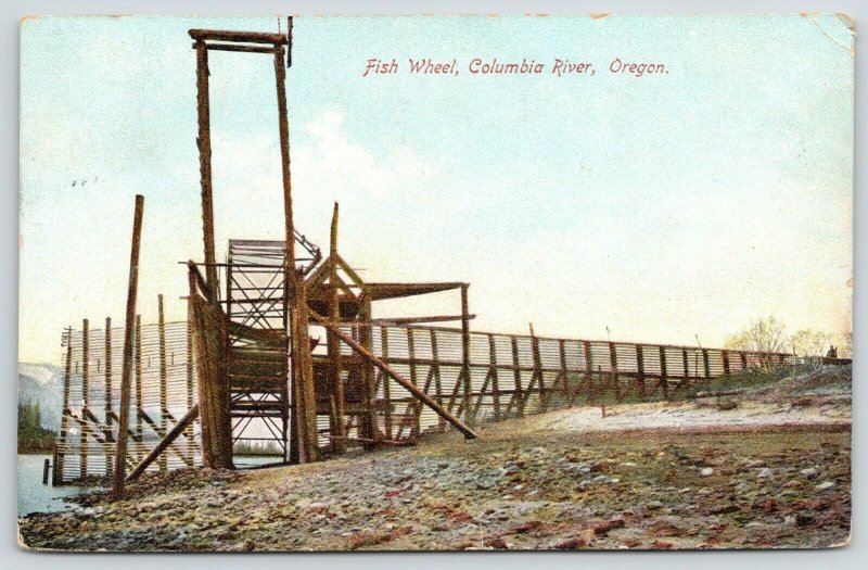 Columbia River Oregon~Fish Wheel~Close Up from Rocky Beach~1907 Scenic Postcard 