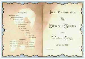 1887 Western College Literary Societies Three-Page Program Fab! P226 