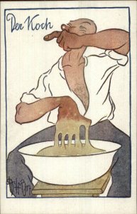 ART DECO Chef Der Koch Wiping Nose & Mixing Dough Hairy Chest Postcard c1910