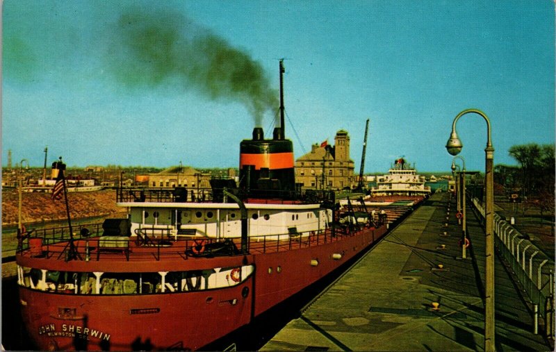 Postcard Ship at Soo Locks, Sault Ste. Marie, MI. VINTAGE  MICHIGAN 