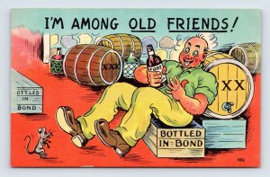 Comic Drunk in Booze Warehouse is Among Good Friends UNP Linen Postcard Q10
