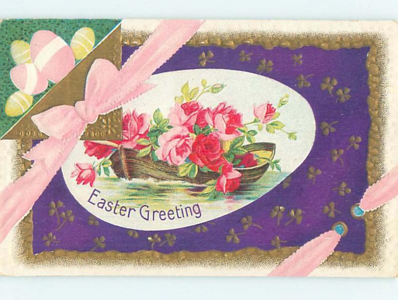 Pre-Linen easter BOAT FULL OF ROSE FLOWERS ON EGG WITH PINK RIBBON hr1848