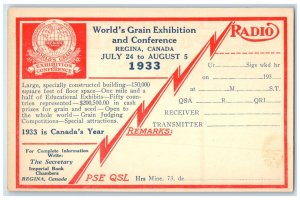 1933 World's Grain Exhibition Conference Regina Saskatchewan Canada Postcard