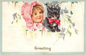 Greetings Girl with Pink Bonnet and Black Cat Antique Postcard J54797