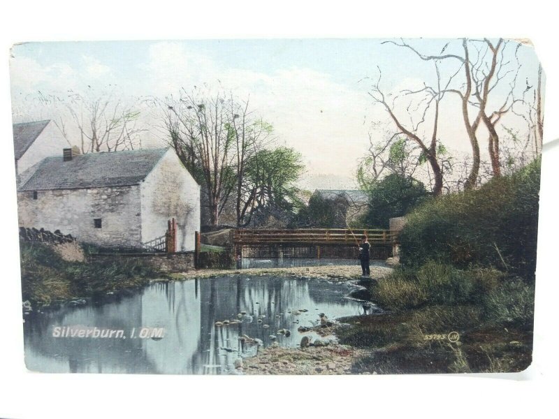 Man Fishing in River at Silverburn Isle of Man Vintage Antique Postcard 1909