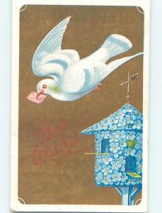 Pre-Linen BIRDHOUSE MADE A FORGET-ME-NOT FLOWERS & DOVE BIRD WITH NOTE HL6112