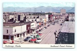 Postcard AK Anchorage 1950's Old Cars Street View Northwest Orient Airlines G15