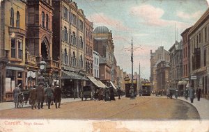 A777 Wales Cardiff High Street Shops Trams vintage postcard